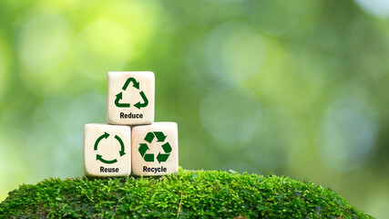 icons related to reduce, reuse, recycle on green background blocks The concept of reduce, reuse, reuse symbols, ecological waste management and sustainable and economical lifestyles.