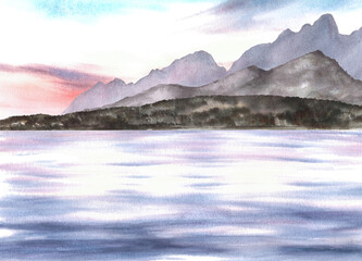 Nautical watercolor landscape. Adriatic seascape with sunset sky, mountain silhouettes and sea reflection. Hand drawn isolated illustration. For postcards, printing, poster, photo wallpaper design.