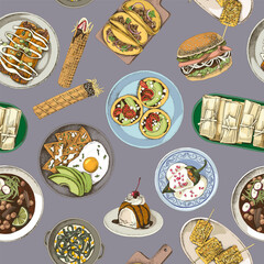Mexican food dishes seamless pattern