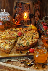 Homemade Apple pie. Delicious Breakfast with Charlotte and tea.