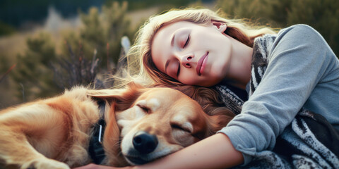 Tranquil blonde woman in peaceful sleep alongside her dog, immersed in an atmosphere of freedom with vast, desaturated cold-toned landscapes. Emotive and calm.