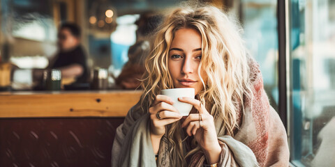 Serenely peaceful, blonde hippie woman enjoys artisanal coffee in boho café setting, a desaturated, de-contrasted image highlighting freedom and tranquility.