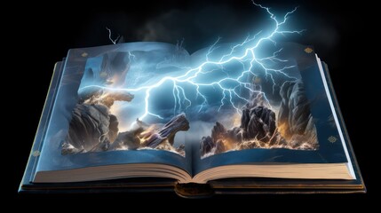 Fantasy magic book with thundering spell illustration art concept 