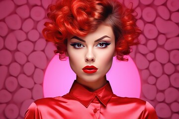 Bold redhead woman on a hot pink background with copy space. Women’s Equality . Strong powerful woman. Woman's day banner. 