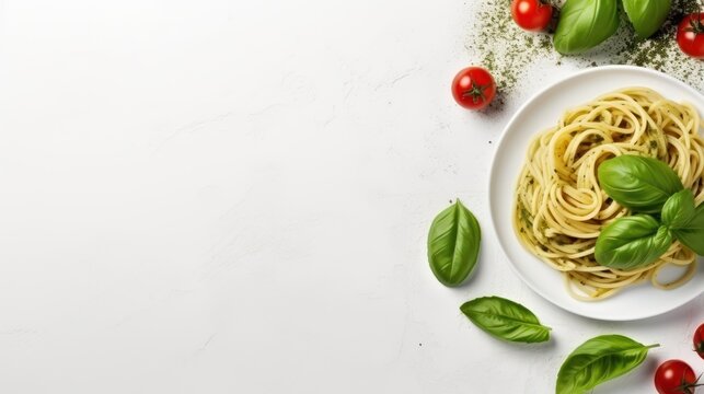 Delicious pasta with pesto sauce and basil on light table background,Flat lay 