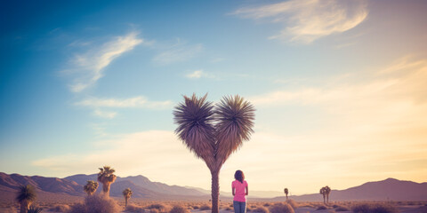 Serene woman amidst desert, strategically framed by heart-shaped palm tree under desaturated cold hues, subtly symbolizing vast freedom and emotive connection with nature.