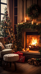 Christmas interior of a modern country house with a fireplace. Vertical New Year background, greeting card.