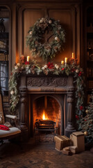 Fototapeta na wymiar Christmas interior of a modern country house with a fireplace. Vertical New Year background, greeting card.