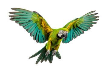 a beautiful parrot flying full body on a white background studio shot isolated PNG