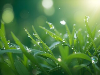 Fototapeta na wymiar Fresh morning dew on spring grass, natural green background. Dewy Spring Meadow: Freshness and Vibrance in a Natural Green Setting