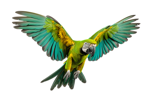 a beautiful parrot flying full body on a white background studio shot isolated PNG
