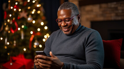 A mature African American man with gray hair holds a phone in his hands against the background of a Christmas tree.