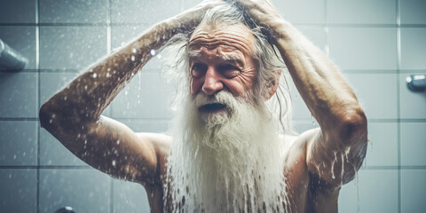 Touching portrayal of elderly, bearded man showering alone, emphasizing solitude and the issues of hygiene in independent living for the aged.