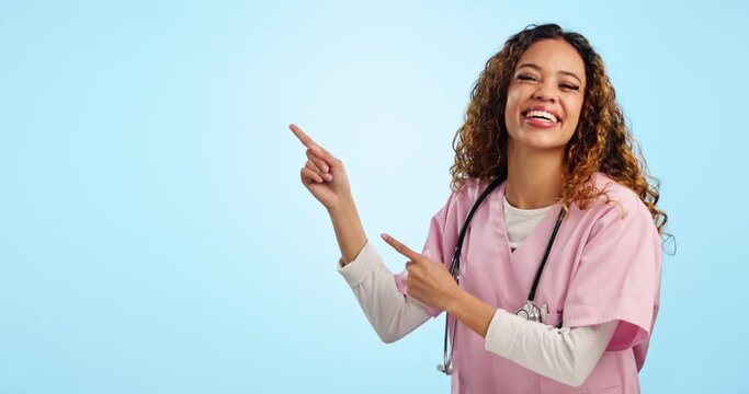 Mockup, excited woman or doctor pointing in studio for advice on healthcare, health insurance or medicine offer. Smile, help and nurse showing feedback, medical info and dancing on blue background.
