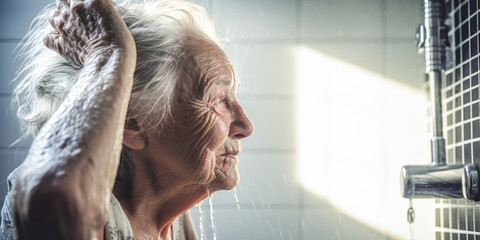 Touching aged lady, alone and managing self-care shower routine. Depicts the poignant reality of solitary elder hygiene challenges.