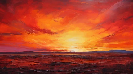 Fotobehang A vibrant abstract landscape with streaks of fiery red and orange, resembling a blazing sunset against a darkening sky, signifying the approach of a warm summer evening. © Oleksandr