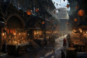 A bustling marketplace in a bustling fantasy city, filled with peculiar creatures and vendors selling enchanted wares.
