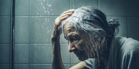 Touching portrayal of elderly woman washing her hair alone, encapsulating challenges of elderly hygiene without assistance.