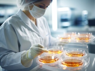 Lab technician examining a petri dish containing a precision fermentation sample, representing...