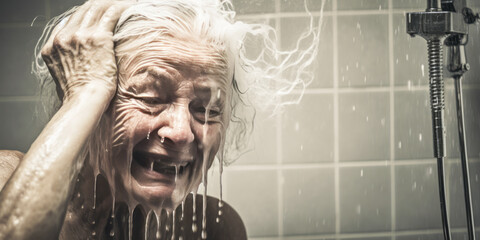 Touching depiction of elderly woman washing her hair alone, highlighting struggles and resilience in maintaining personal hygiene at old age. - obrazy, fototapety, plakaty