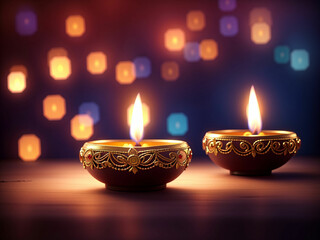 Beautiful Diwali Diya on light blur background with copy space.