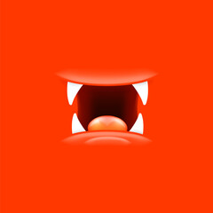 Vector Cartoon open mouth with fangs isolated on red background. Funny and cute red funny Halloween Monster open mouth with big vampire fangs. jaws and mouth of the beast cartoon illustration