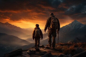 A Journey of Strength and Love: Hiker Father and Son Reach New Heights Together - obrazy, fototapety, plakaty