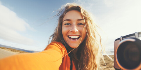 Young woman enjoys freedom and a hippie lifestyle while vlogging her nature adventures against a tranquil backdrop with cool colors.