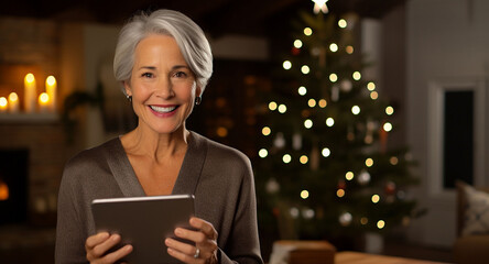A mature woman with gray hair is holding a tablet in her hands. A woman sits in a chair by the Christmas tree alone.