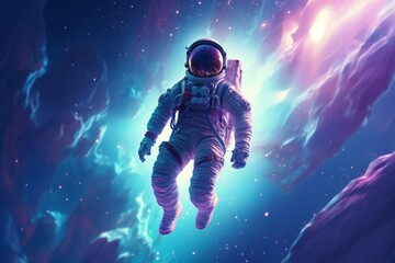 An astronaut character in a pastel turquoise suit floats gracefully amidst a pastel blue and purple abstract space, conveying a sense of ethereal beauty.