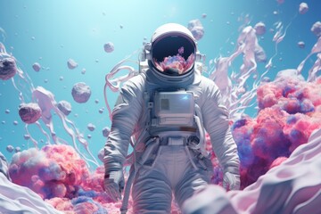 A character in a pastel pink astronaut suit gazes upwards in awe, surrounded by a pastel purple cosmos, emphasizing the minimalist and cosmic elements.
