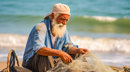 Serene scene of wise elderly fisherman skillfully mending fishing net on peaceful beach shore, embodying tranquility, experience and authenticity.