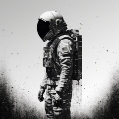 A pixelated representation of an abstract astronaut suit in monochromatic pixelated tones, emphasizing the minimalist and timeless nature of space travel. - obrazy, fototapety, plakaty