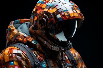 An abstract pixelated astronaut suit with intricate pixelated details, highlighting the technology and complexity of spacesuit design. - obrazy, fototapety, plakaty