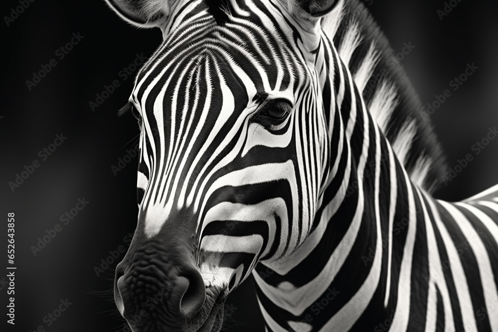 Poster a black and white photograph of a zebra, emphasizing its unique striped pattern and graceful stature