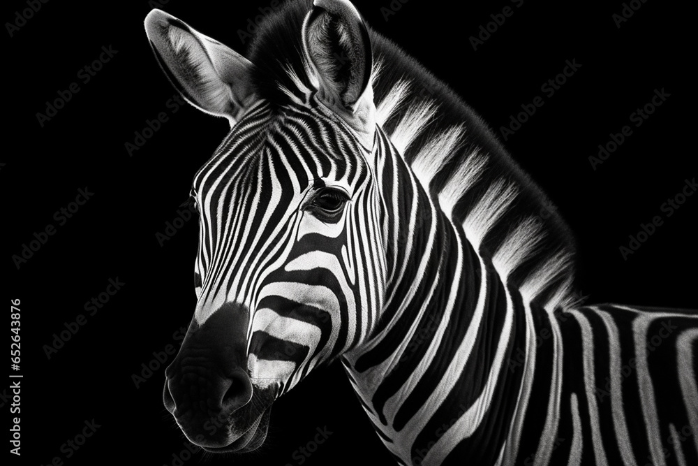 Poster  A black and white photograph of a zebra, emphasizing its unique striped pattern and graceful stature.  Generative AI technology.