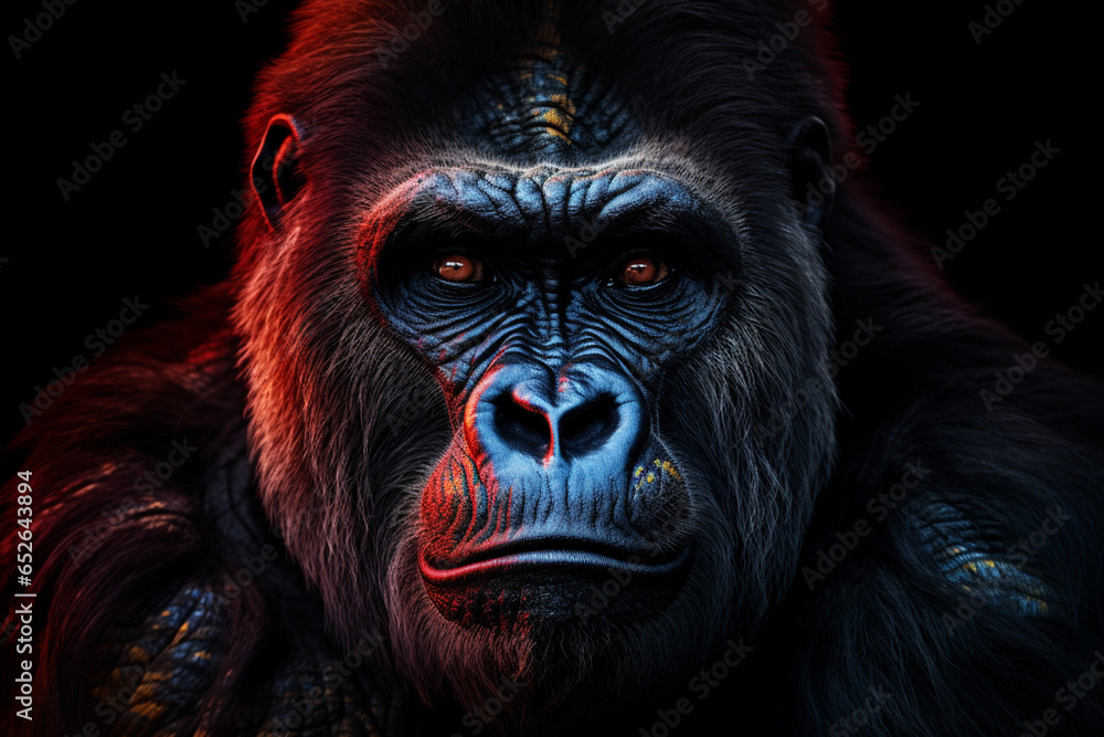 Poster a powerful photograph of a gorilla, portraying its muscular build and intelligent expression. genera