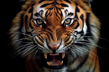  A striking photograph of a tiger, capturing its vibrant orange and black stripes and intense gaze.  Generative AI technology.