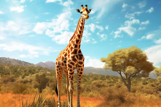  A tall and elegant giraffe captured in a photograph, showcasing its long neck and distinctive spotted coat.  Generative AI technology.