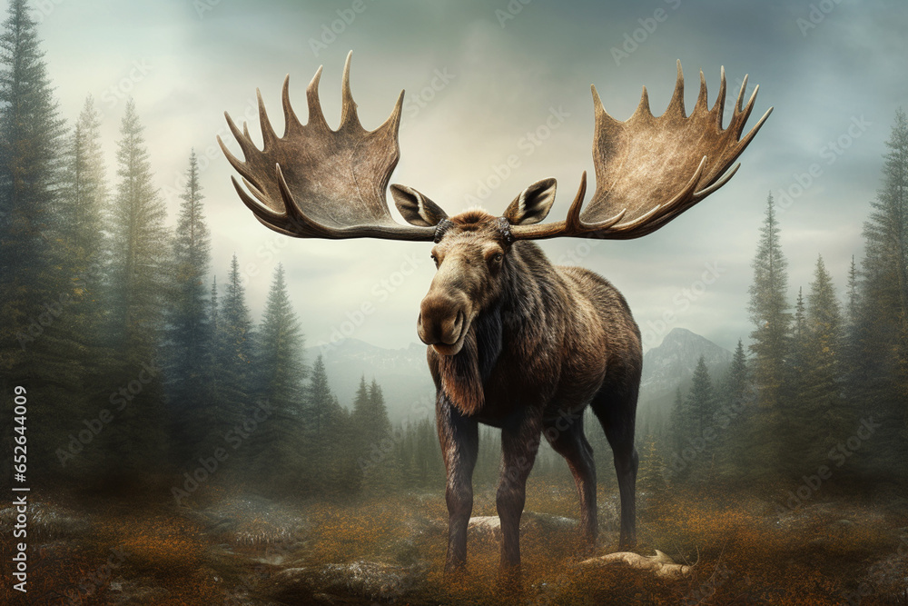 Poster an imposing photograph of a moose, showcasing its massive size and impressive antlers. generative ai