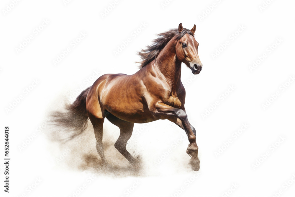 Poster a majestic image of a horse in motion, displaying its strong and graceful physique. generative ai te
