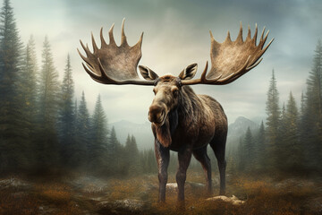 An imposing photograph of a moose, showcasing its massive size and impressive antlers.  Generative AI technology.