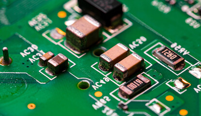 Macro Close up of printed wiring on PC circuit board. - obrazy, fototapety, plakaty