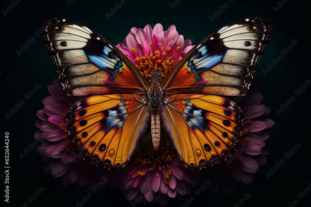 Leinwandbilder a delicate and colorful photograph of a butterfly perched on a flower, capturing its intricate wing 