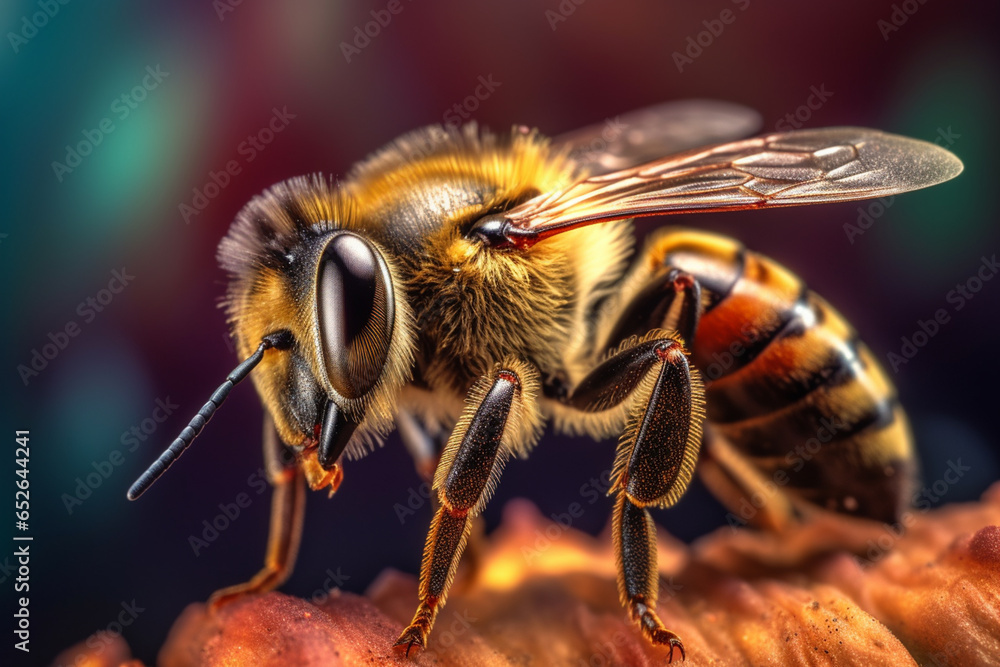 Poster A close-up shot of a bee collecting nectar, showcasing its fuzzy body and busy nature.  Generative AI technology.
