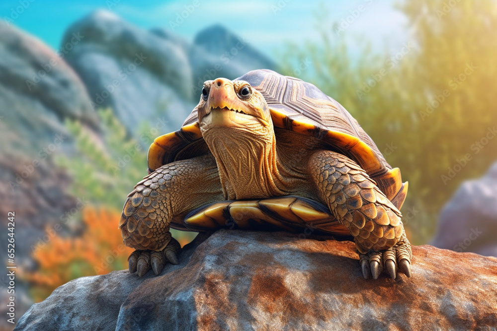 Aufkleber A charming image of a turtle resting on a rock, showcasing its hard shell and wise, ancient appearance. Generative AI technology.