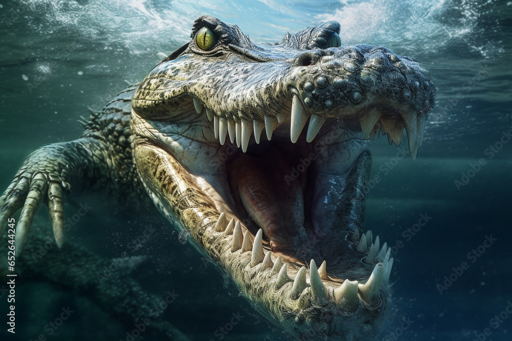 Poster a powerful photograph of a crocodile lurking in water, highlighting its rugged scales and sharp teet