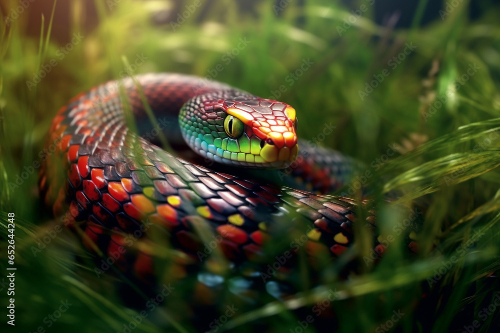 Poster  A mesmerizing photograph of a snake slithering through grass, showcasing its sinuous form and unique patterns.  Generative AI technology.