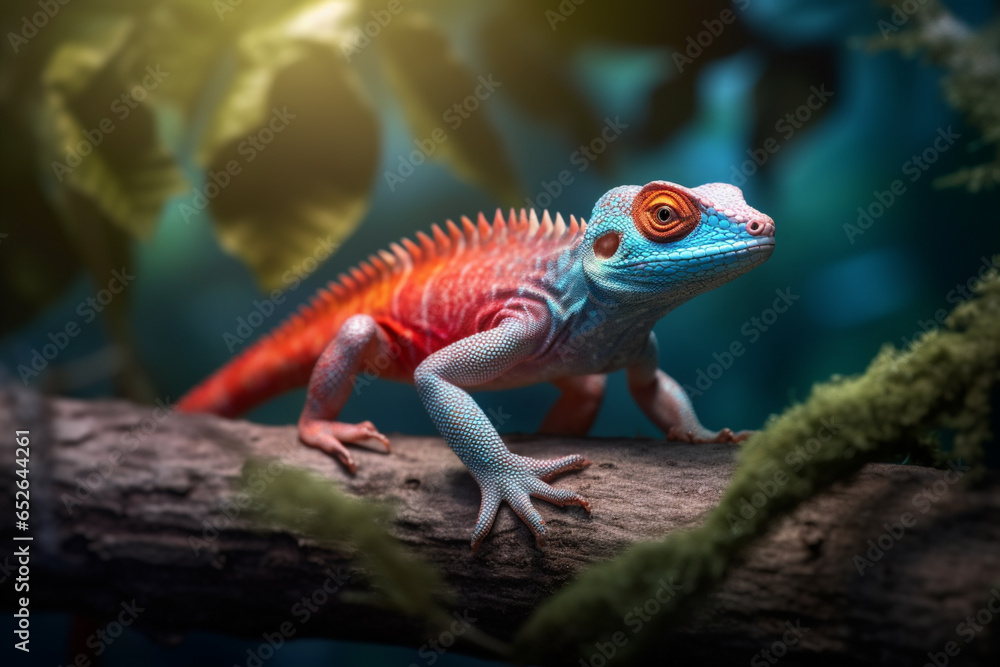Poster  A fascinating image of a lizard on a tree branch, displaying its ability to blend into its environment and agile movements.  Generative AI technology.