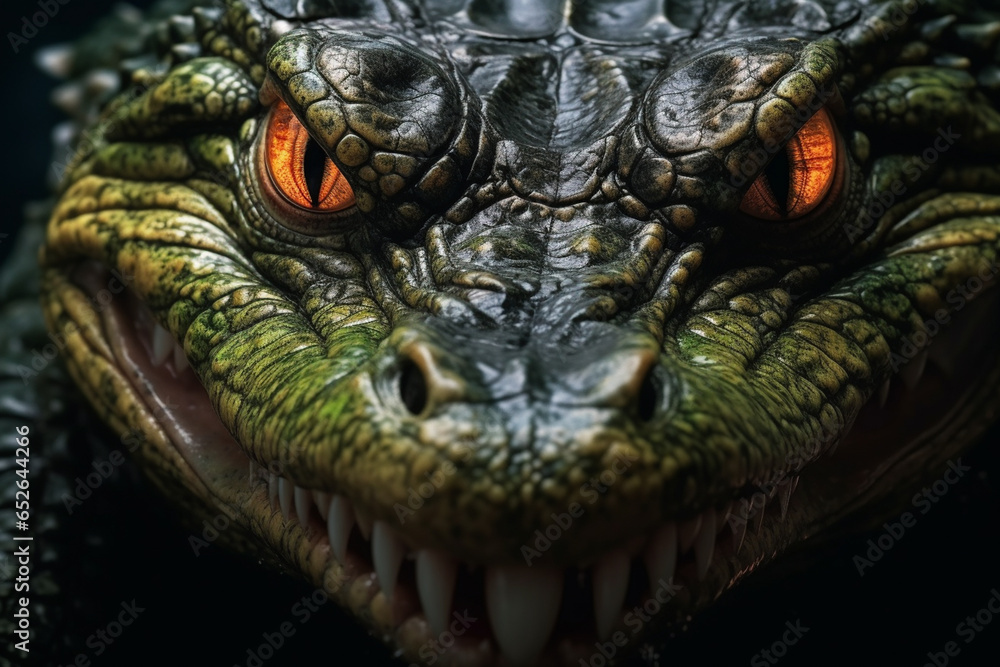 Poster A close-up image of an alligator, capturing its menacing gaze and strong, muscular body.  Generative AI technology.